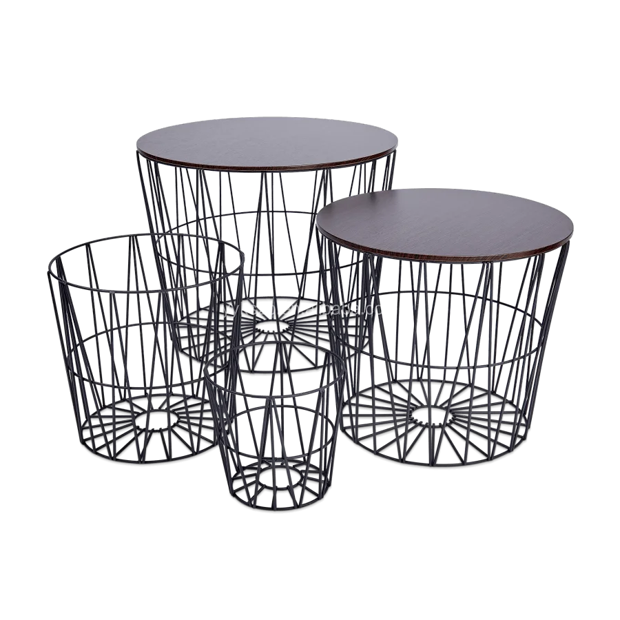
Storage basket design metal wire frame coffee table set with solid wood cover 