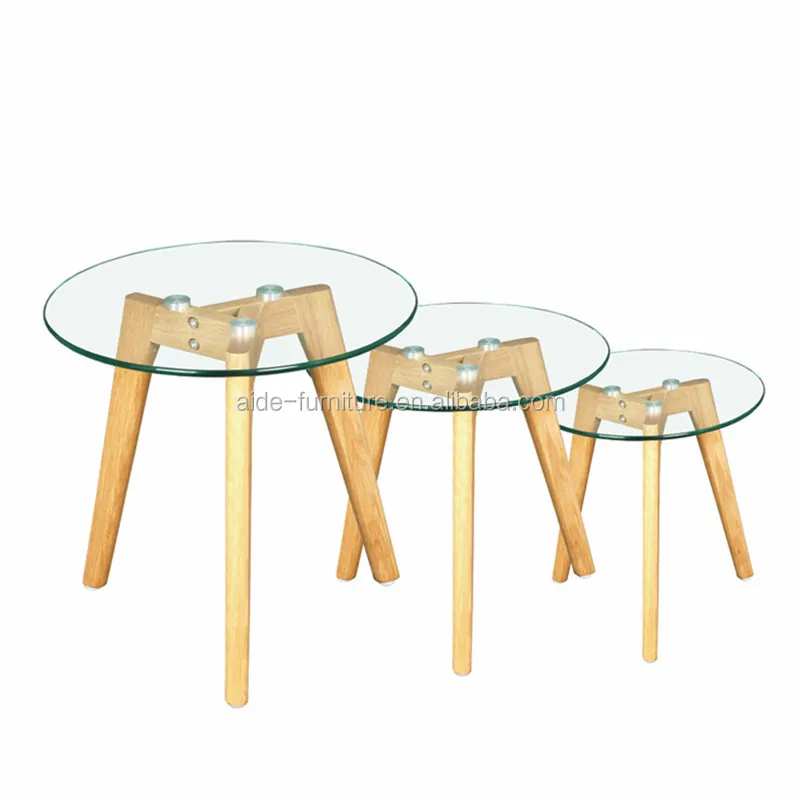 Three Wood Legs Glass Coffee Table For Home Living Furniture