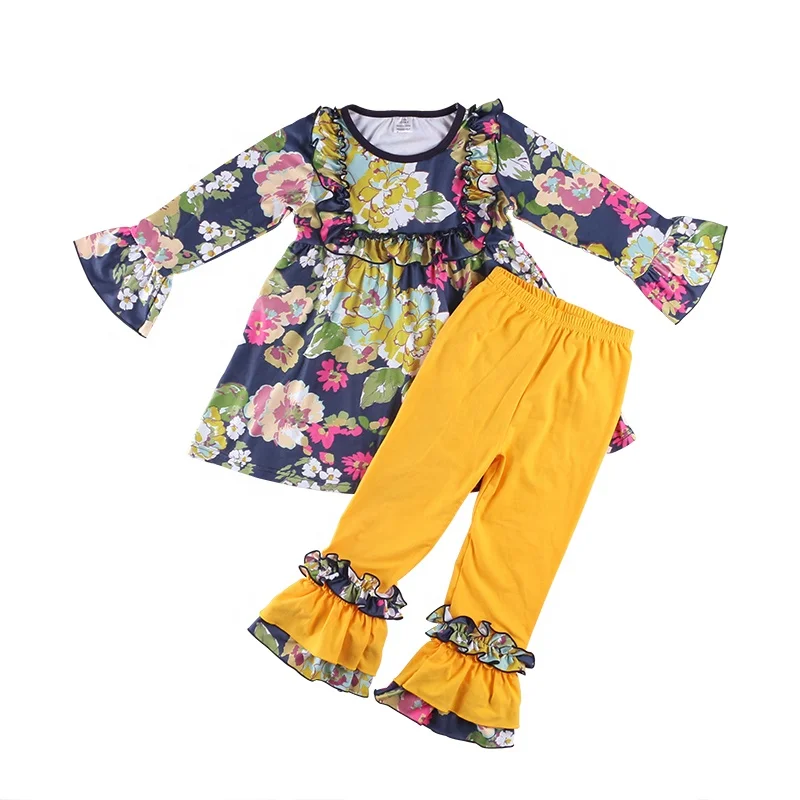 Fall Kids Clothing Bell Sleeves Floral Top Match Mustard Ruffle Pants Sets  Baby Girls Antumn Outfits