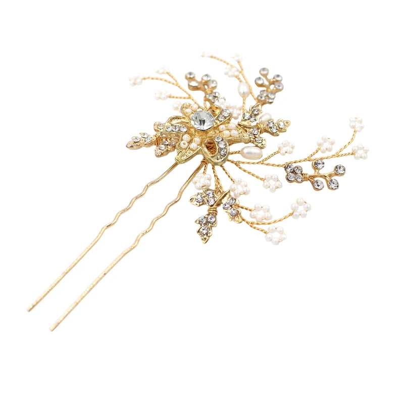 O382 Gold Floral Brass Alloy Freshwater Pearl Wedding Hairclips bridal Hair Accessories