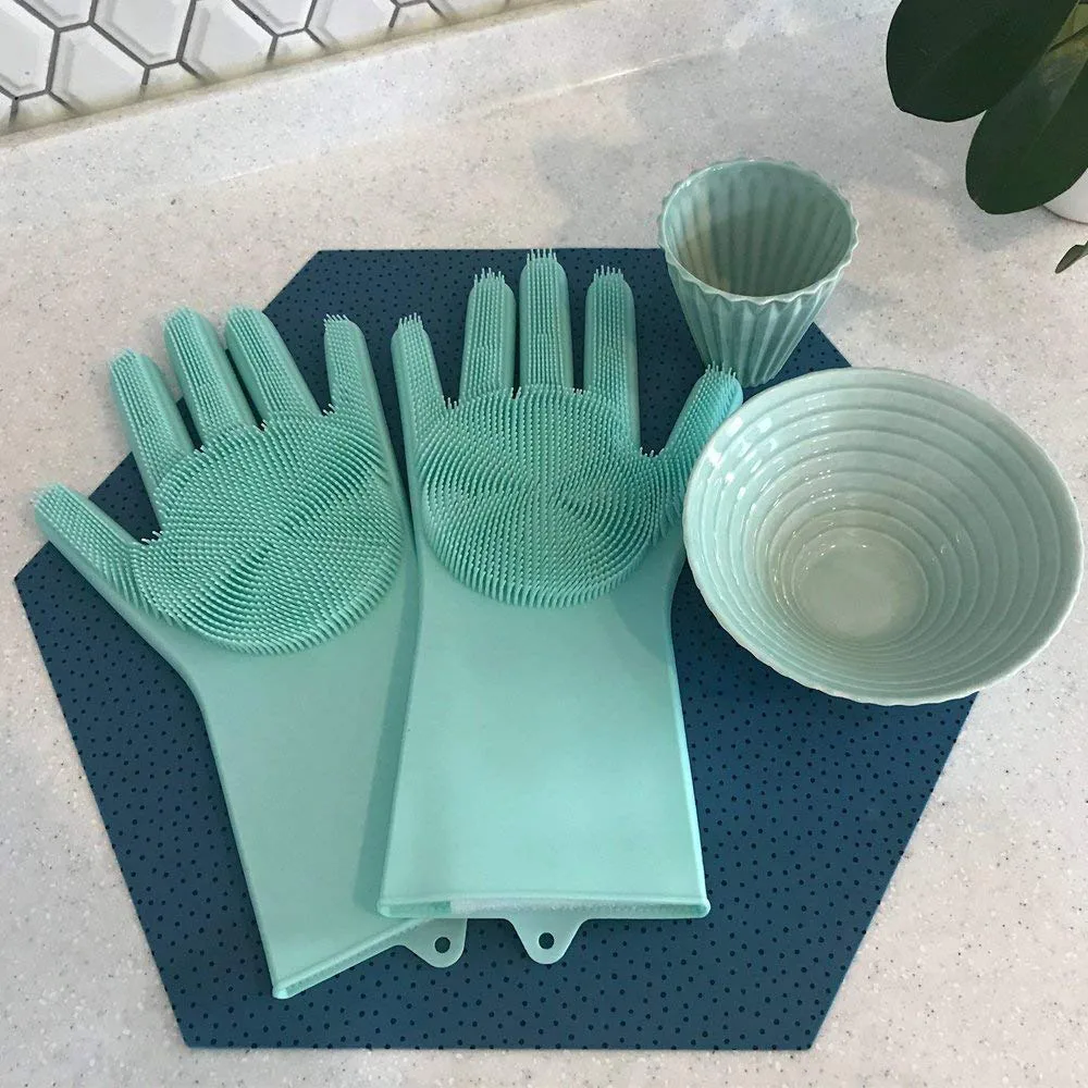 Multipurpose Kitchen Cleaning Gloves with Scrubber- Heat-resistant Silicone Dishwashing Gloves