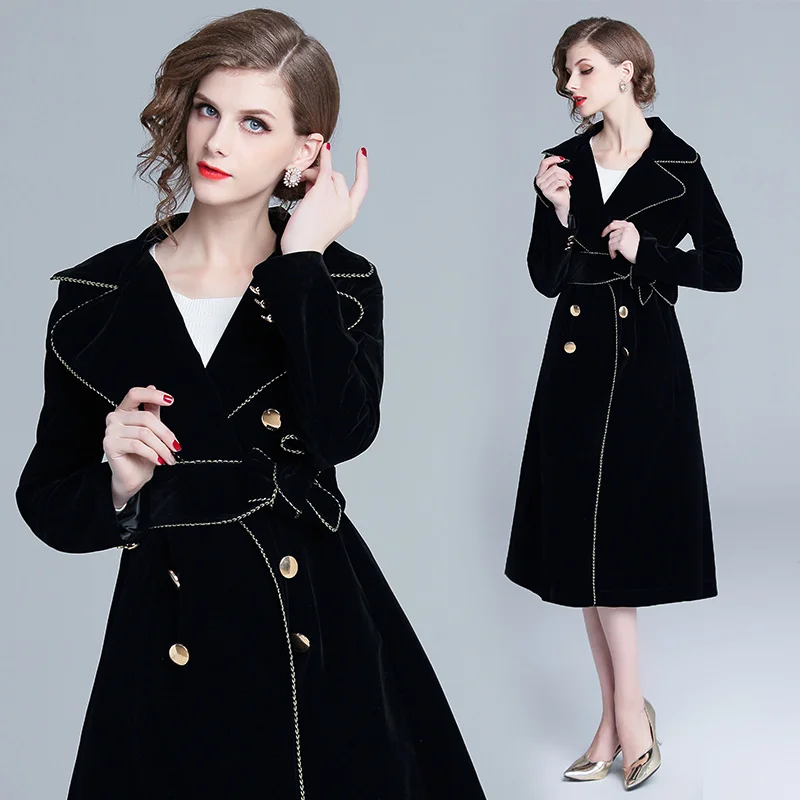 
Hepburn Style European and American Women Fashion Lines Patchwork Double Breasted A Line Velvet Black Coat 