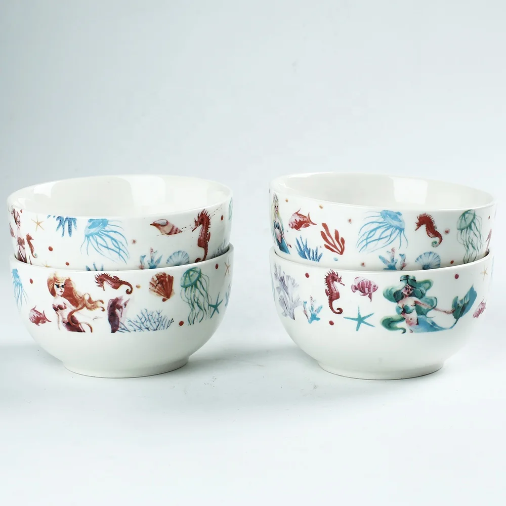 Food Grade Fish Printed Deep Salad Bowls Personalized Ceramic Cereal Bowl