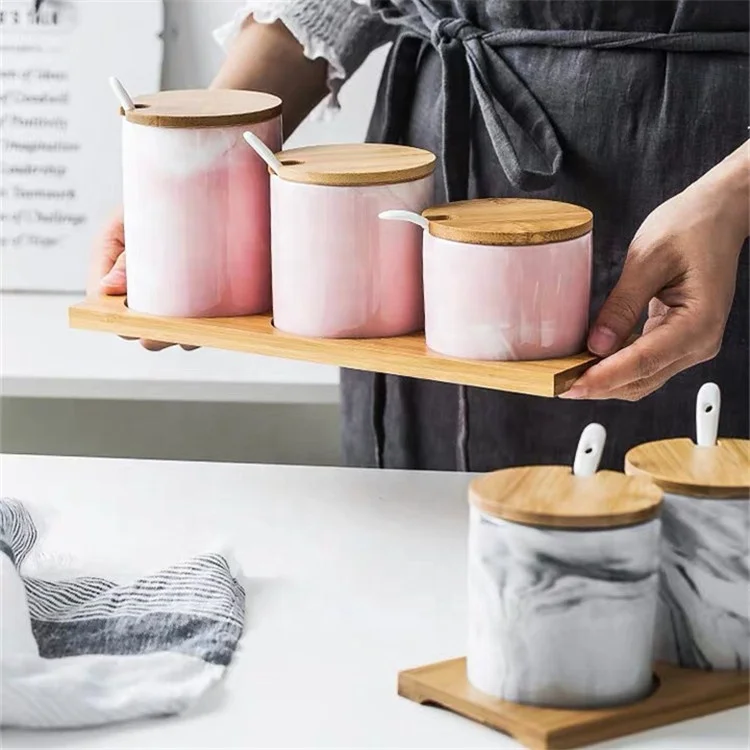 Fancy luxury style wholesale kitchen empty ceramic spice containers marble wooden lid spice jar with bamboo stand
