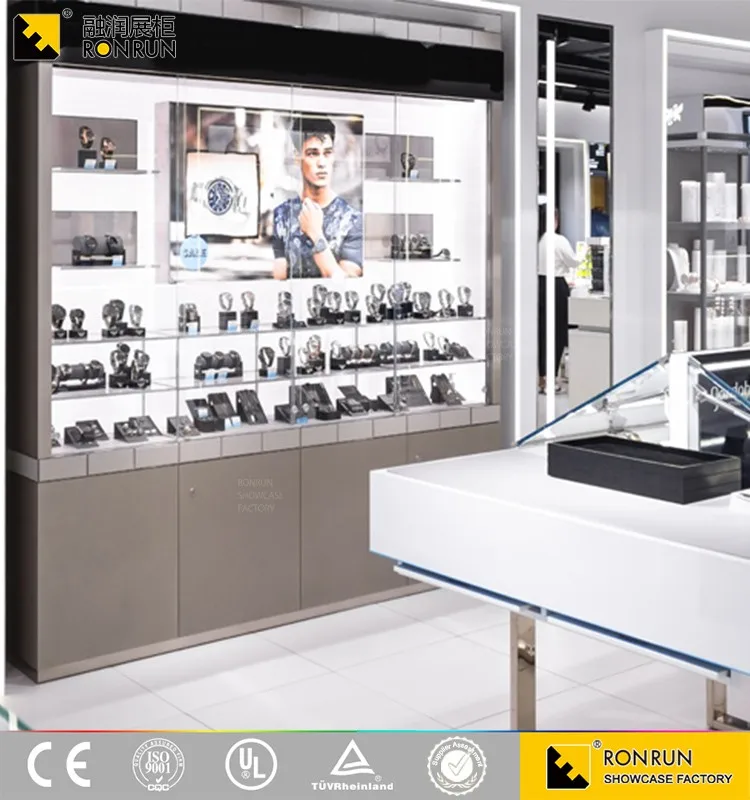 RJM0544 Fashion and useful glass watch display counter stand wall showcase designs