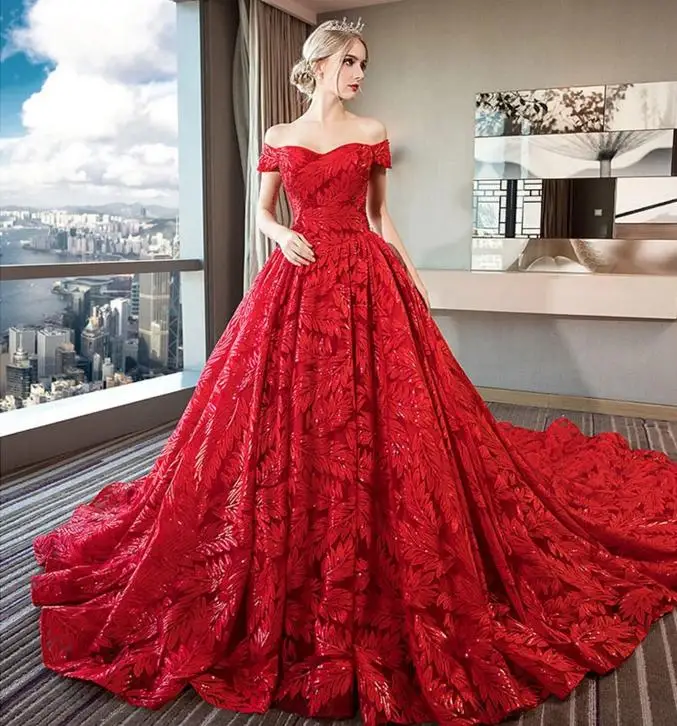 Best Red Chinese Tulle Fabric Aline Backless Wedding Dress