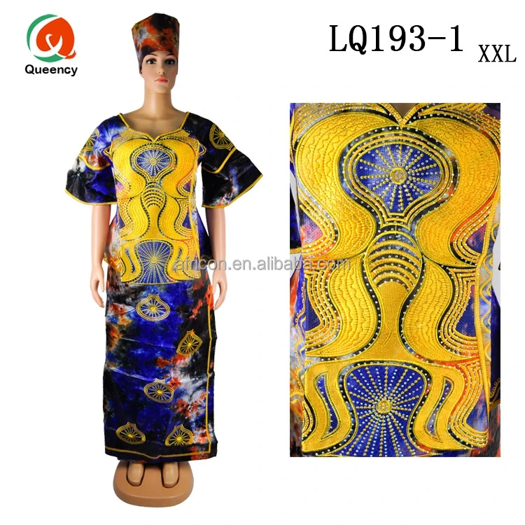 LQ192 Queency Fashion Style African Bazin Embroidery Design Dress with Head Scarf Plus Size