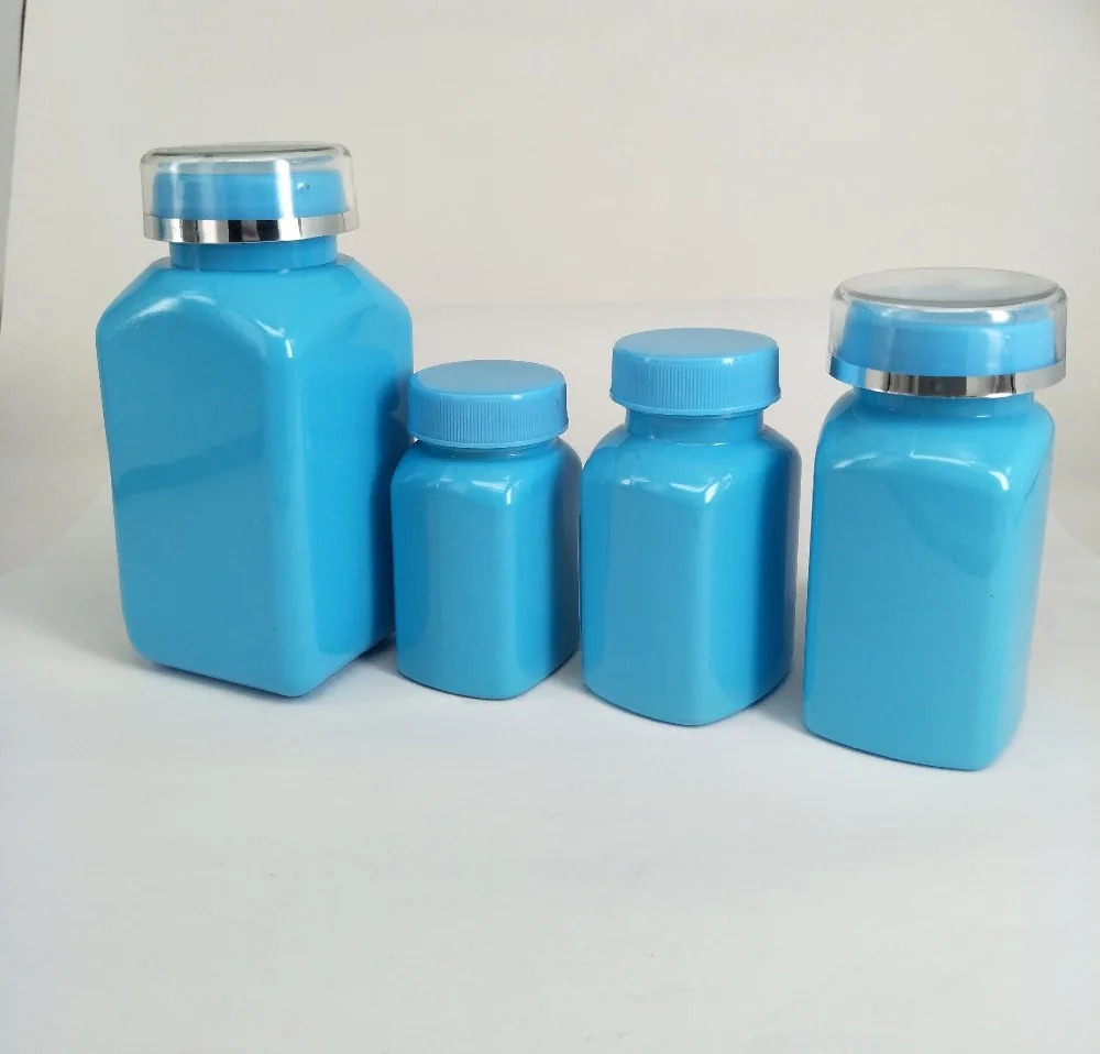 Unique Square Shiny Blue PET Plastic Capsule Bottles 200cc