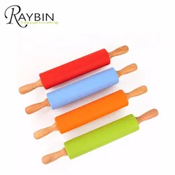 Home kitchen pastry baking tools non-stick silicone rolling pin with wood handle