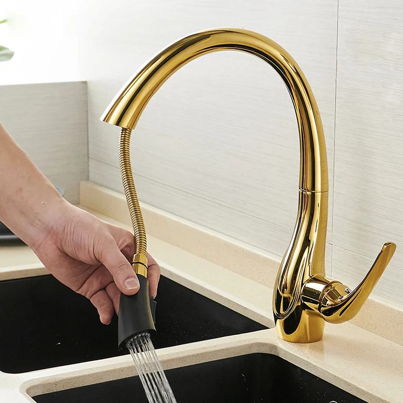 Elegant Gold Swan Style Pull Down Sprayer Single Lever Black Kitchen Sink Faucet DG-PK2009-GN