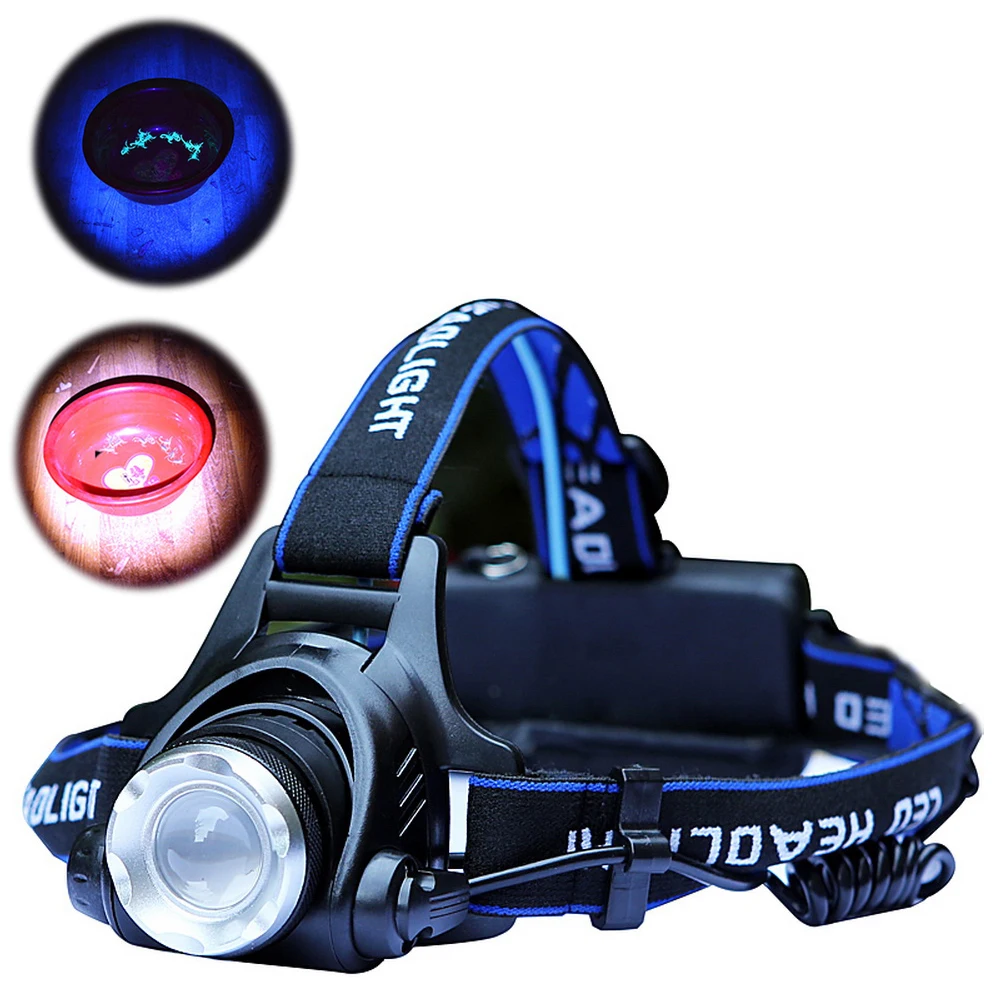 Dual LEDs Rechargeable Headlamps Zoomable Adjustable Focus UV Headlight