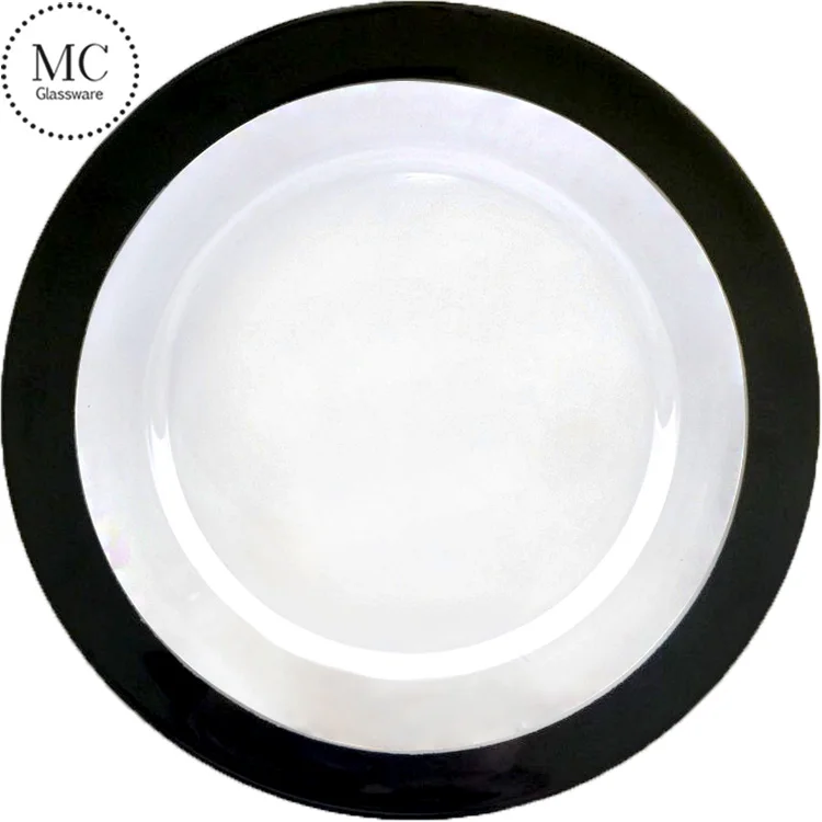 Cheap glass black rimmed charger plates antique black dinner plates wholesale with glitter party rentals