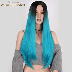 Aisi Hair Hot Selling Long Silky Straight Ombre Blue Color Wig Cheap Synthetic Cosplay Wigs For Black Women Heat Resistant Fiber