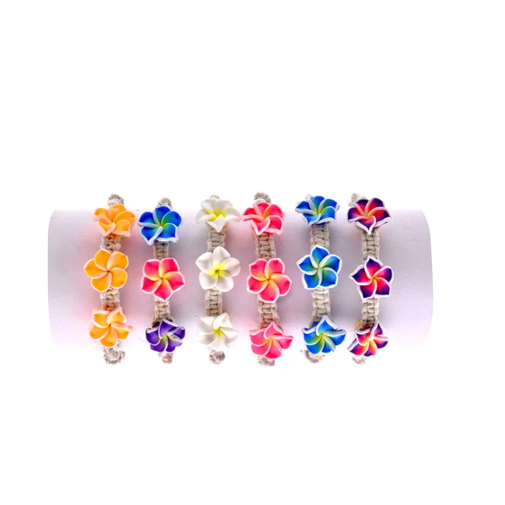 Handmade colorful polymer clay flower bracelet adjustable cotton string braided hand rope cowrie shell bracelets