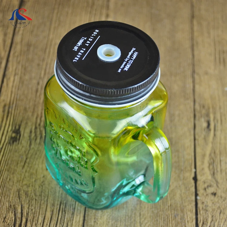 Customized Color Glass 500ml  Engraved Logo Flawless Etch Mason Jar For Cold Drinks With Straw Iced Cold Drink Drinking Bottle