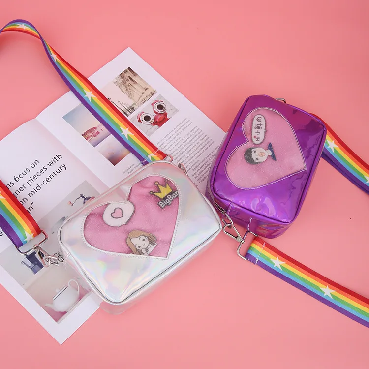 Wholesale new laser Girls heart Transparent messenger bag fashion Kids bag with rainbow belt
