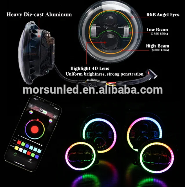 New arrived 4 inch Fog Light Remote control changing colors High Low Beam RGB 7 Inch LED Round Headlight with DRL LED lights