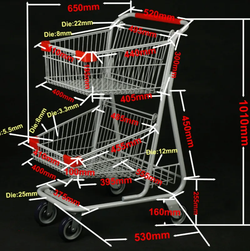 YD-G Germany Style Supermarket Wire Shopping Trolley Smart Cart for Sale with Double Baskets From Suzhou Factory