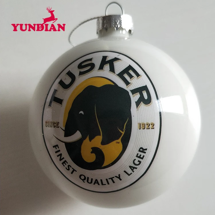 Оптовая продажа, декоративная подвесная Рождественская елка на заказ, 8 см, белые стеклянные украшения, шар с напечатанным логотипом для праздничного подарка