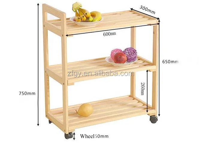 Solid wooden kitchen vegetable trolley cart with wheels