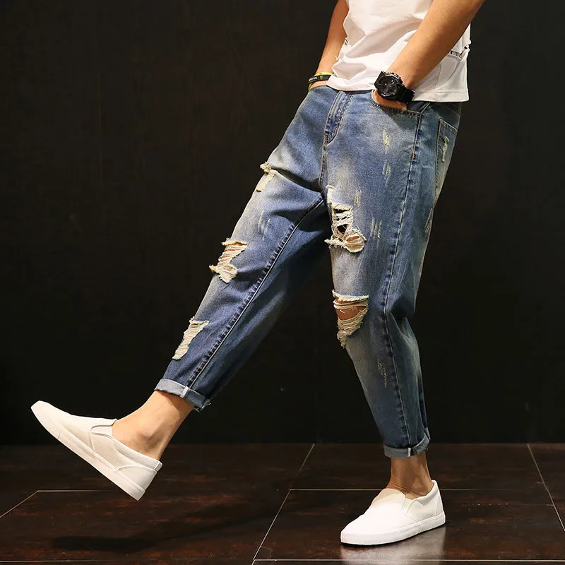 Summer ripped jeans men loose size torn nine cent pants south Korean version of the trend harem pants