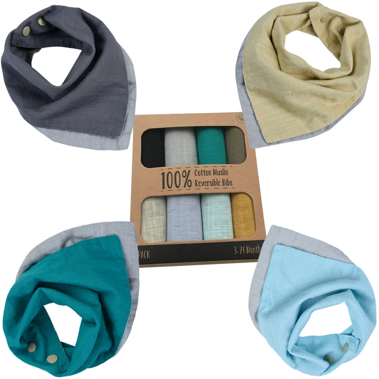 
100% Cotton Muslin Reversible and Super Absorbent Drool Bibs 4-Pack 