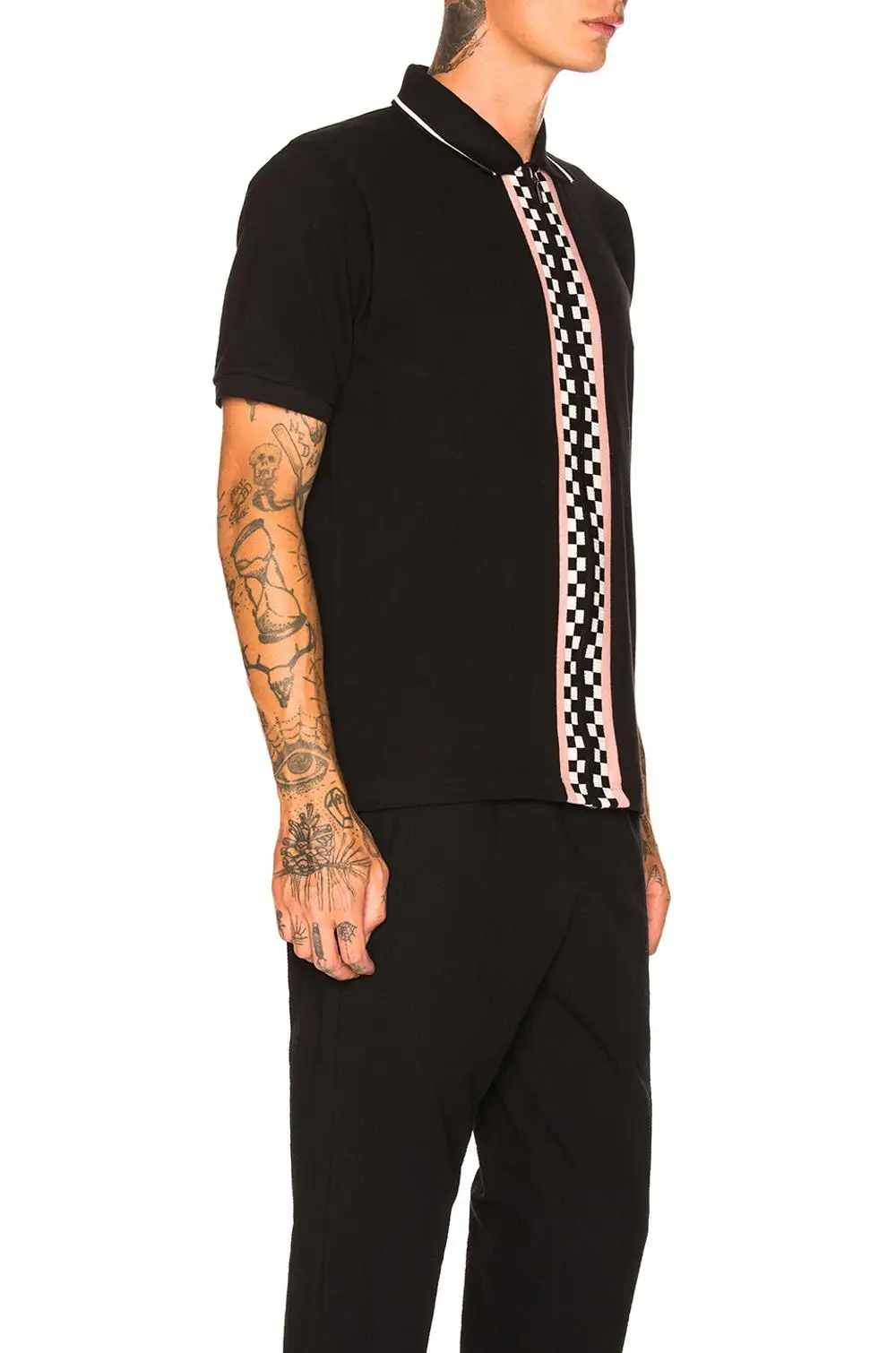 Custom full zip up knitted short sleeve polo t shirt for men Embroidered checked vintage polo in bulk