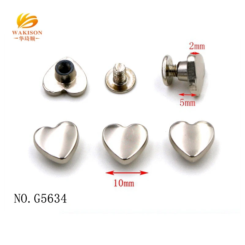 Wakison metal accessories factory custom heart shape metal rivet for fashion ladies bags