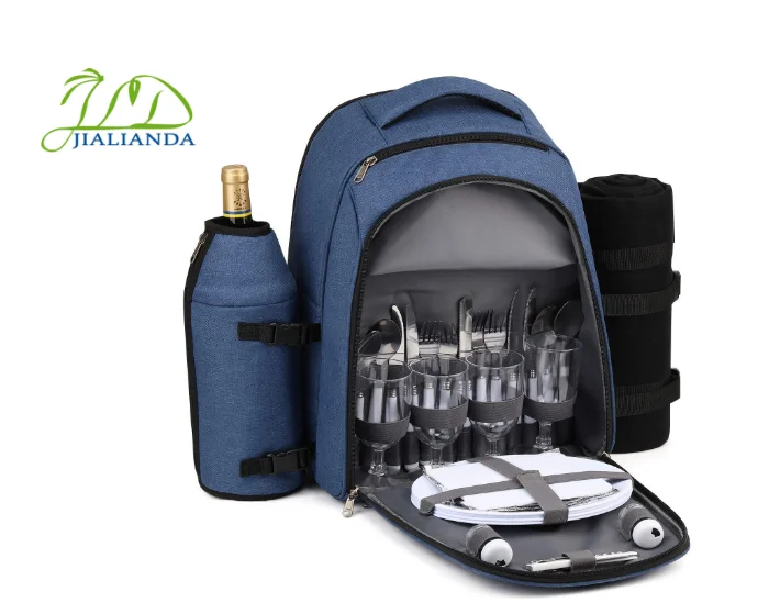 Рюкзак для пикника на 4 человек с изолированным охлаждающим отсеком, Флисовое одеяло, съемный держатель для вина, набор столовых приборов
