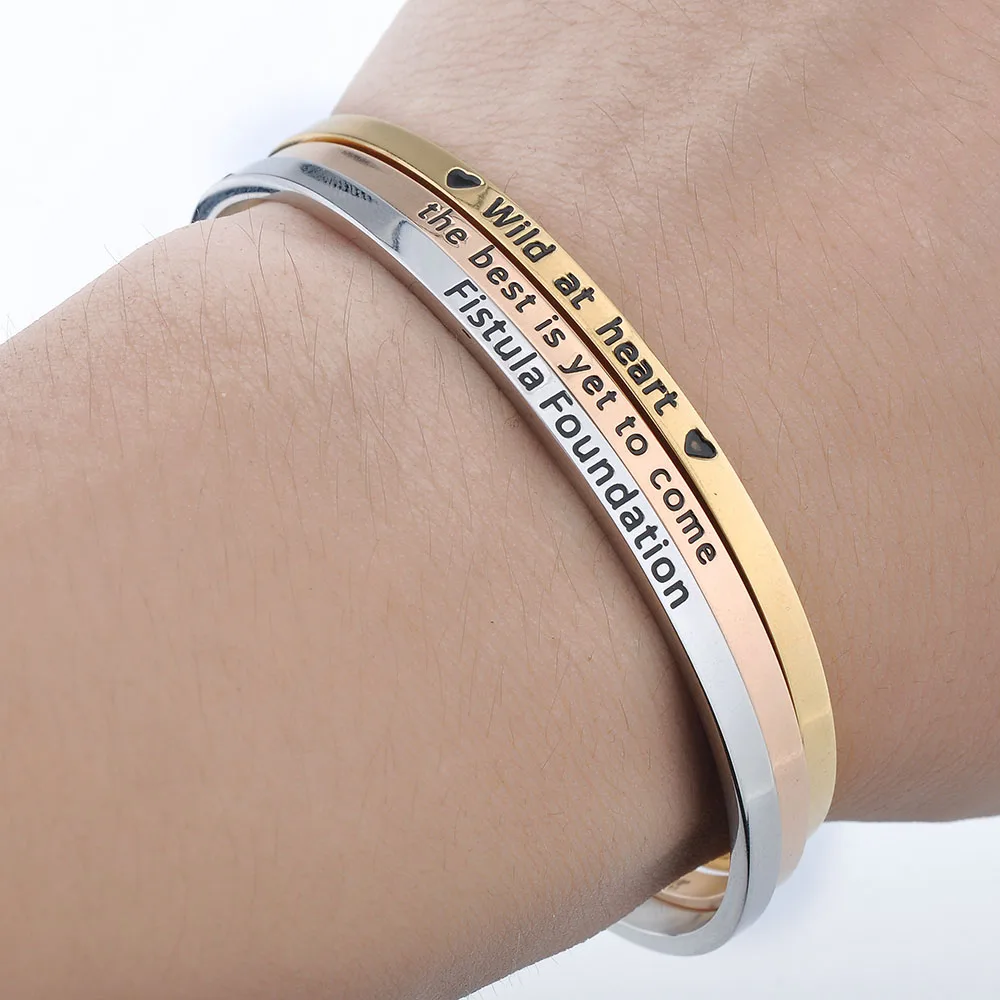 Wholesale Custom Logo 316L Stainless Steel Jewelry Engraved Inspirational Stamped Message Bangles Cuff Bracelets For Women