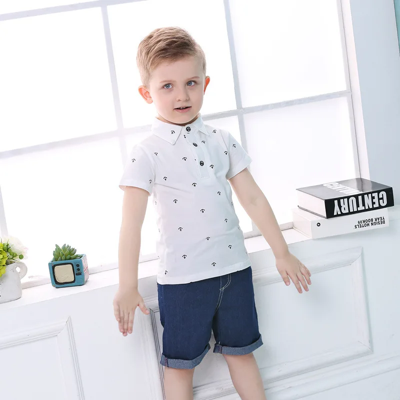 online hot selling kids clothing summer leisure sea anchor POLO shirt short-sleeved T-shirt casual jeans set 2 sets