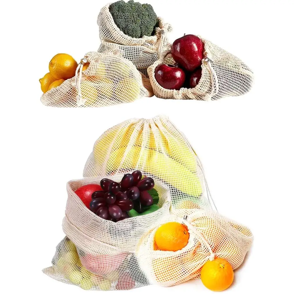 
Food Grade washable and reusable Cotton Mesh Produce Bag set for vegetable and fruit drawstring grocery shopping bags 