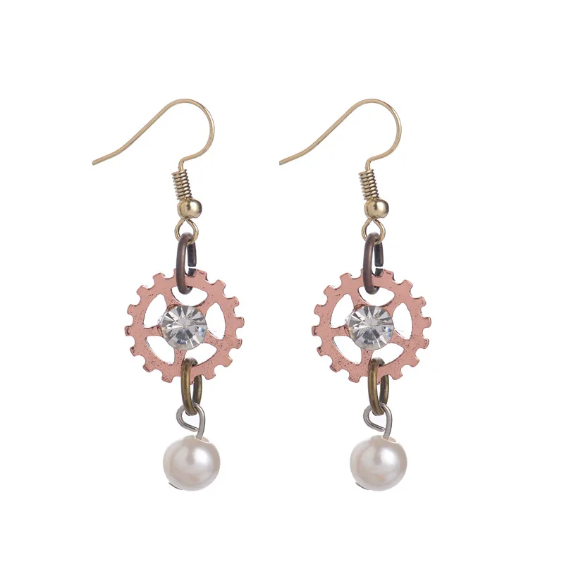 Fashion Ethnic Round Gears Crystal Pearl Dangle Earrings For Women Steampunk Ear Vintage Gold Silver Steam Punk Jewelry