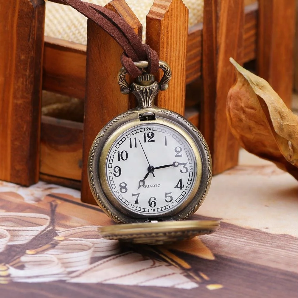 Старинный кожаный шнур Античная Ретро бронза Роза дизайн круглый кулон карманные часы