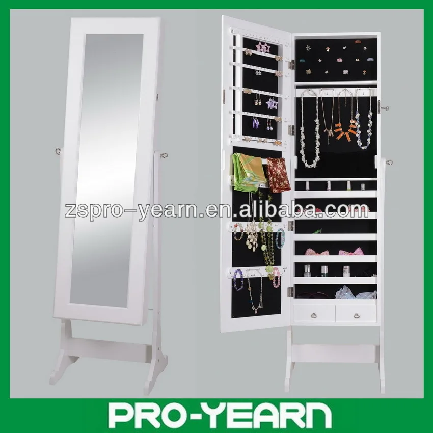 Floor Standing Lockable Wooden Storage Furniture Length Mirrored Jewelry Organizer Cabinet with Little Drawers