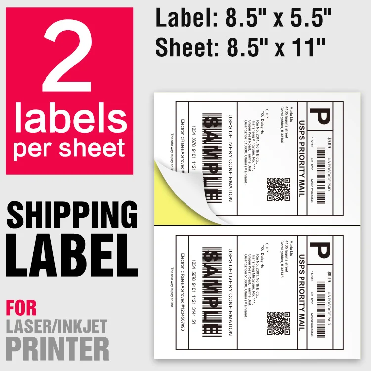 Half sheet a4 self adhesive shipping labels stickers 2 up