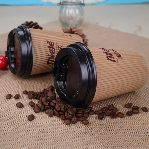 
12oz 400ml LOGO printed new design brown disposable ripple double wall coffee paper cups with black top and coffee straw 