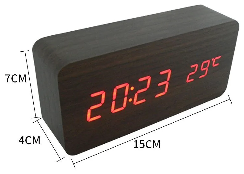 
Display Time Temperature LED Digital Desk Clock Voice Control Wooden Alarm Clock 