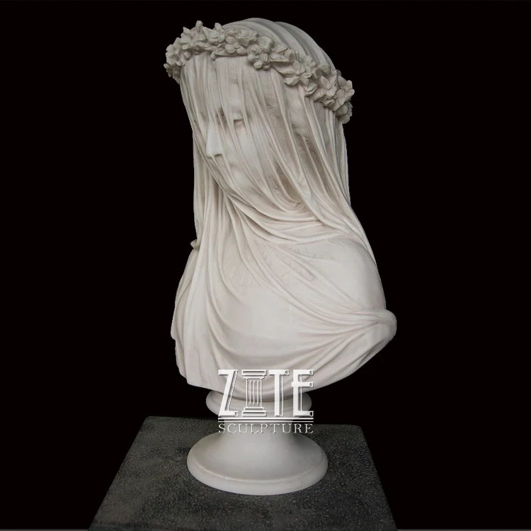 Beautiful Hand Carved White Marble Veiled Woman Girl Bust Statue Human Head Sculpture