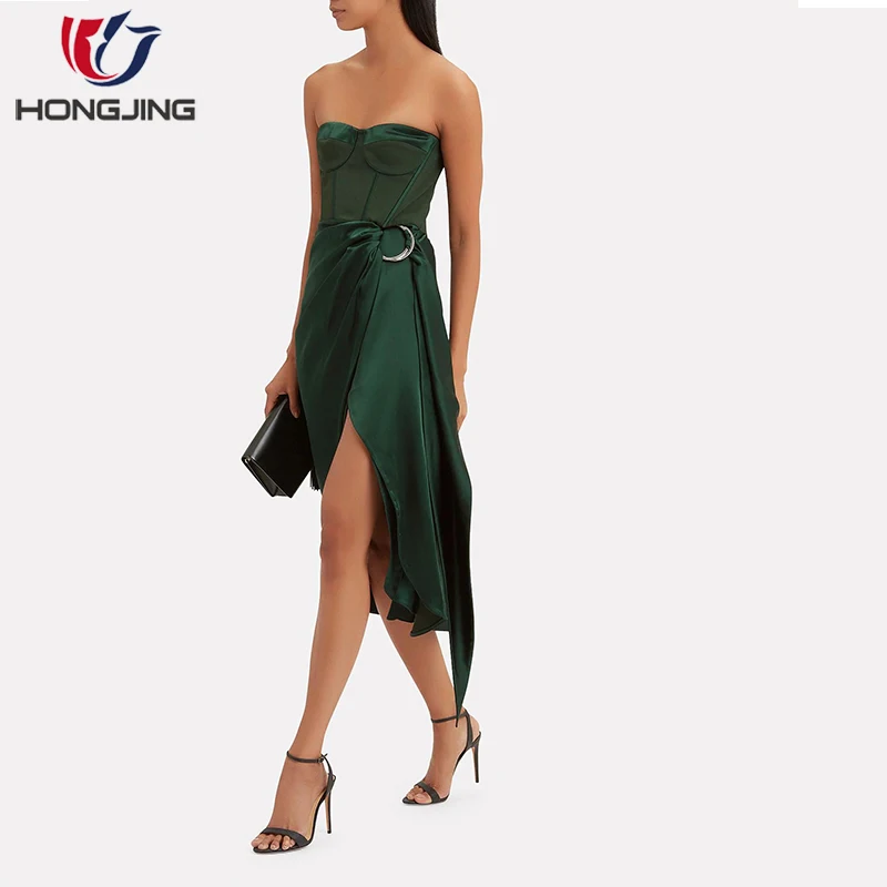 women sweet heart-neckline Strapless Bustier Asymmetric DressStrapless Corset styling boning Front slit sleeveless party dress