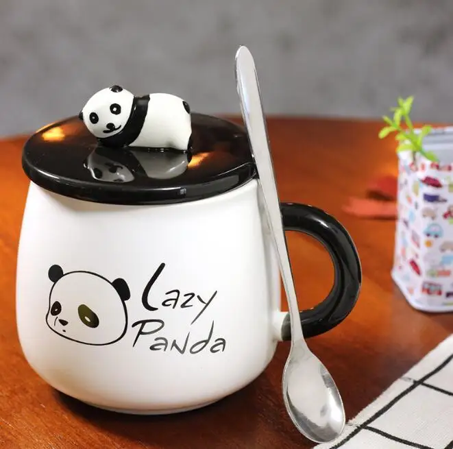High quality Korean Style cartoon cute panda Ceramic coffee milk Mug with Cover and Spoon