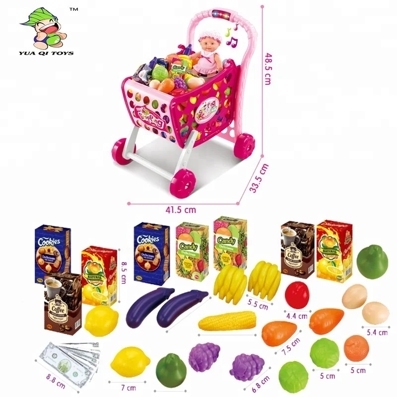 Kids Shopping Cart Play Set Plastic Food Toys Fruit Vegetables Pretend Play Shop Shopping Cart Toy