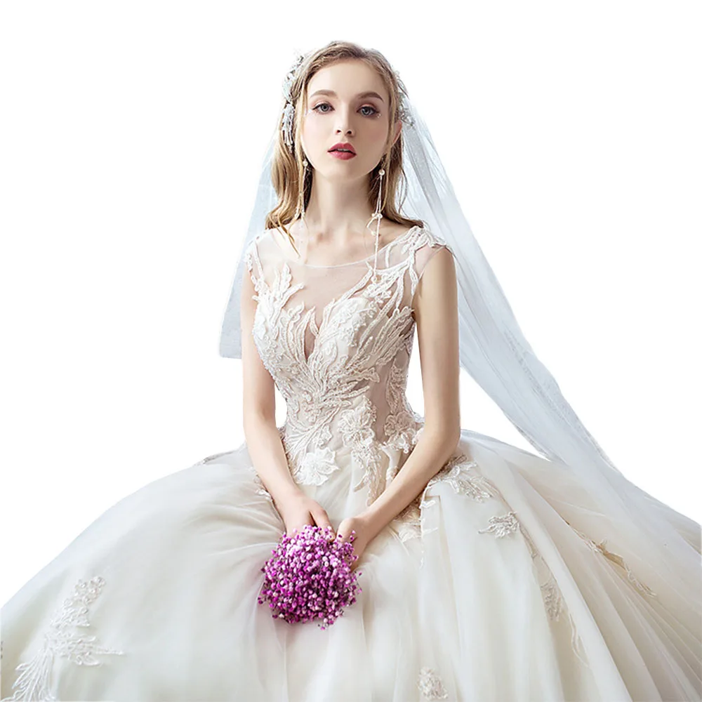 Wholesale sleeveless  flower lace wedding bridal dresses 2019 with long tailing Temperament Wedding Dress