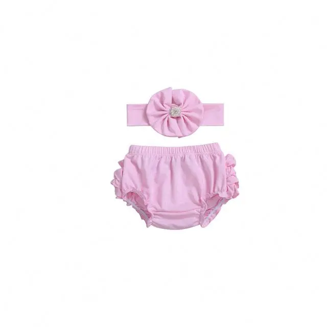 
Infant baby fall clothes solid color bloomer shorts ruffle girls bloomer with headband set 