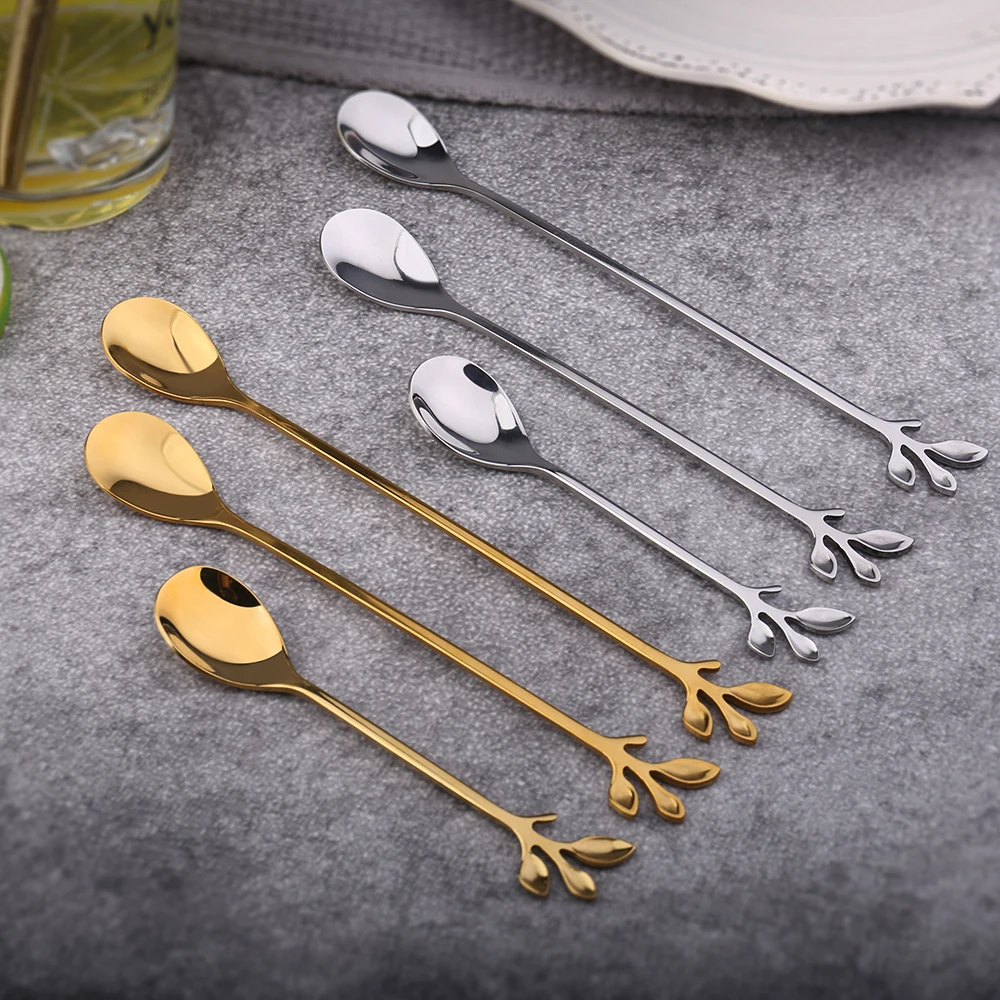 Elegent Leaf Cake Fork And Spoon Colorful Small Stainless Steel Coffee Stirring gold Spoon