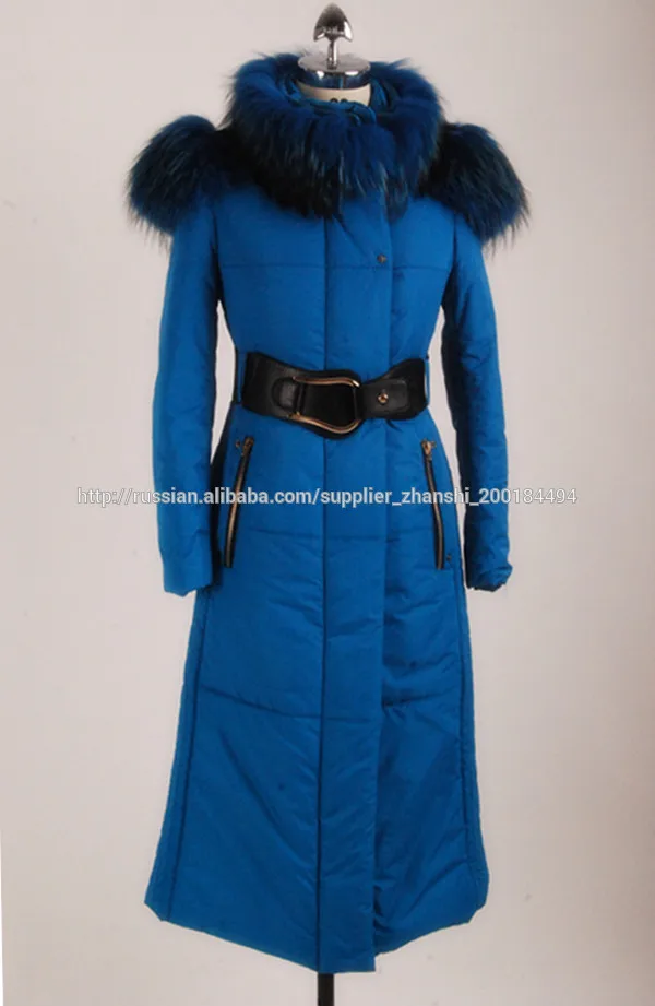 В Русском Стиле Зимное Женское Длинное Синее Пуховое Пальто С Меховым Воротником