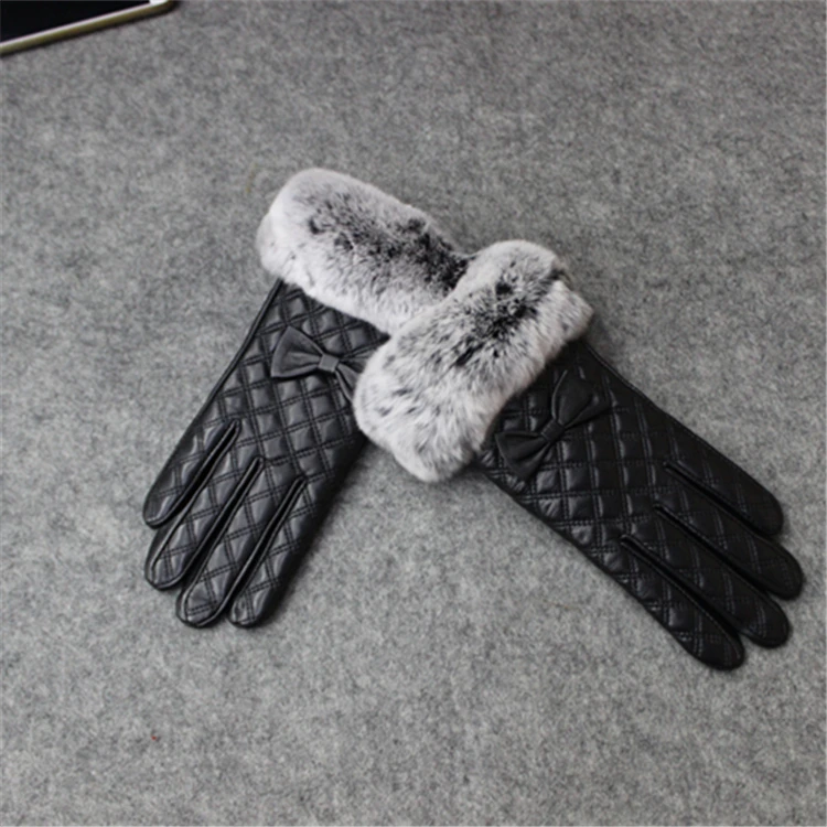 
Top Quality Winter Genuine Sheepskin Leather Glove With Real Rabbit Fur Trim 