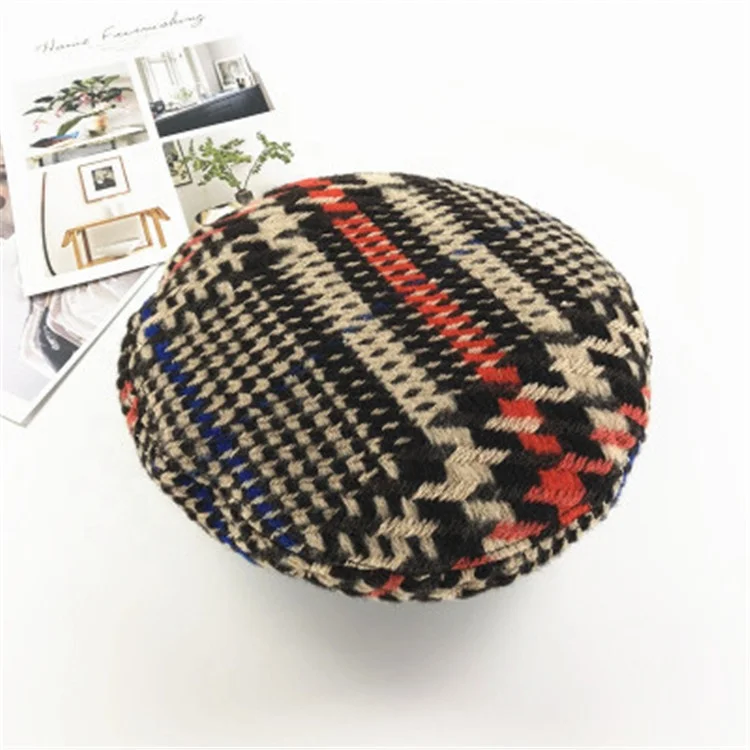 Winter High Quality Vintage Plaid Wool Stitching Check Ladies Army Beret