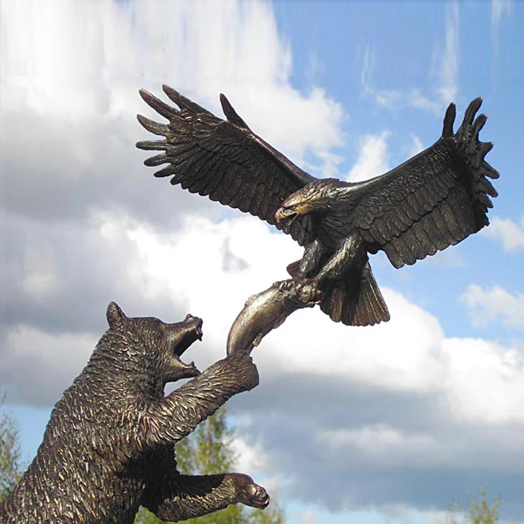 Garden Life Size Antique Brass Statue Bronze Brown Bear And Flying Eagle Catching Fish Sculpture