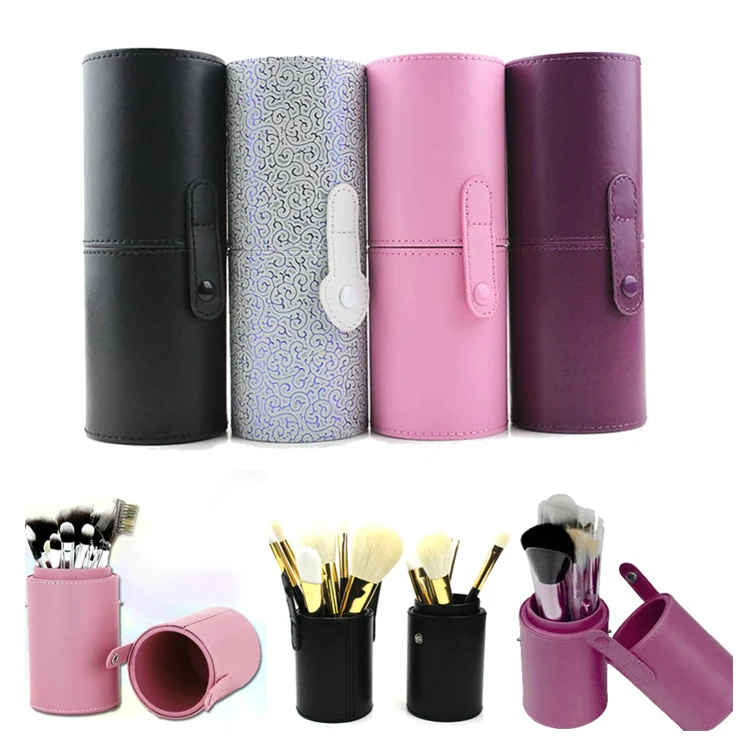 Factory custom all kinds leather bush storage barrel cosmetic cases cylinder cosmetic bags make up bush holder